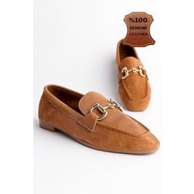 Muggo Mona Taba Garantili Metal Tokalı Deri Loafer Kadın Günlük Ayakkabı