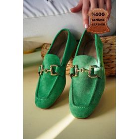 Muggo Mona Yeşil Garantili Metal Tokalı Deri Loafer Kadın Günlük Ayakkabı