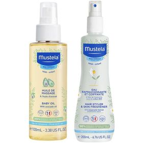 Mustela 100 ml Bebek Bakım Yağı + 200 ml Papatya Suyu Canlandırıcı Şekillendirici Sprey