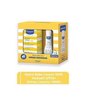 Mustela Hydra 50 ml Bebe Losyon + 100 ml SPF 50+ Tüm Cilt Tipleri Güneş Koruyucu