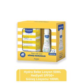 Mustela Hydra 50 ml Bebe Losyon + 100 ml SPF 50+ Tüm Cilt Tipleri Güneş Koruyucu