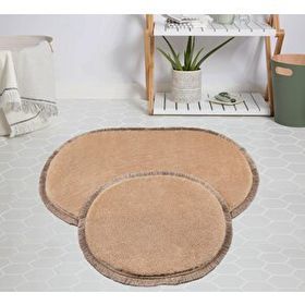 My Evilla Modern Dekoratif Jel Kaymaz Taban Peluş Bej Saçaklı Oval 50x80 Paspas Takımı