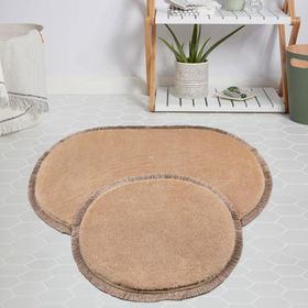 My Evilla Modern Dekoratif Jel Kaymaz Taban Peluş Bej Saçaklı Oval 50x80 Paspas Takımı