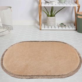 My Evilla Modern Dekoratif Jel Kaymaz Taban Peluş Bej Saçaklı Oval Halı