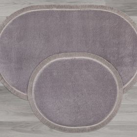 My Evilla Modern Dekoratif Jel Kaymaz Taban Peluş Gri Saçaklı Oval 60x100 Paspas Takımı
