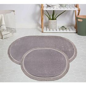 My Evilla Modern Dekoratif Jel Kaymaz Taban Peluş Gri Saçaklı Oval 60x100 Paspas Takımı