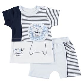 Mymio Çizgili Erkek Mavi Bebek Tshirt Şort 2'li Takım