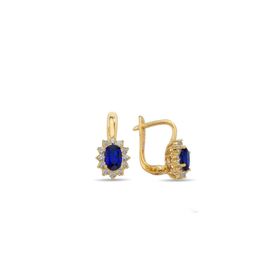 MYOROGOLD 14 Ayar Oval Taşlı Lacivert Altın Küpe