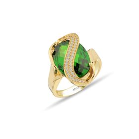 MYOROGOLD 14 Ayar S Modeli Yeşil Taşlı Renkli Altın Yüzük
