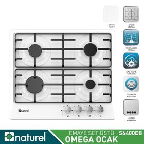 Naturel Omega S 6400 EB 4 Gözlü Gazlı Emaye Yüzeyli Set Üstü Ocak Beyaz
