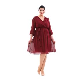 NAZBUTIQ 3086 Bordo Abiye Kruvaze Yaka Kol Uçları Lastikli Midi Boy Abiye Elbise