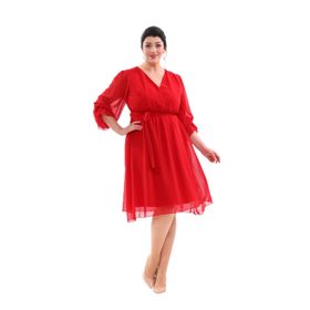 NAZBUTIQ 3086 Kırmızı Abiye Kruvaze Yaka Kol Uçları Lastikli Midi Boy Abiye Elbise