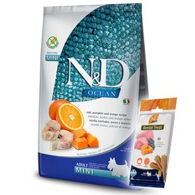 N&D Ocean Tahılsız Balkabaklı Morina Balıklı Küçük Irk Köpek Maması 2.5 kg + ND Dental Köpek Ödülü
