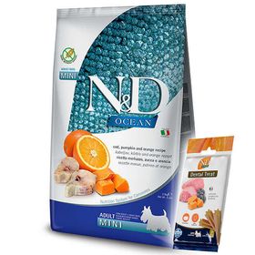 N&D Ocean Tahılsız Balkabaklı Morina Balıklı Küçük Irk Köpek Maması 2.5 kg + ND Dental Köpek Ödülü