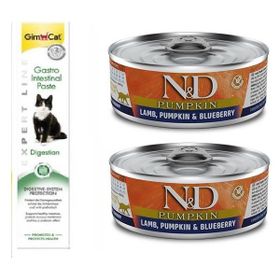 N&D Pumpkin Balkabağı Kuzu Yaban Mersini Kedi Yaş Mama 2x80 gr+Gimcat 50 gr Gastro Paste
