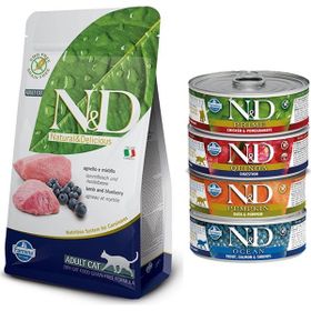 N&D Tahılsız Kuzu Yaban Mersini 1,5 kg Kedi Maması + 4'lü 80 gr Karışık Konserve