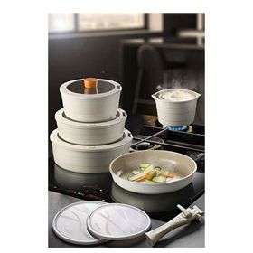 Neoflam Fika Alüminyum Döküm Cam Kapaklı Full Set 30 Parça Krem Tencere Seti