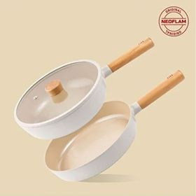 Neoflam Fika Cam Kapaklı Bej 26 cm Sığ Tencere Tava Seti