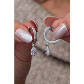 Nereze 925 Ayar 15 mm Halka Pembe Damla Taşlı Gümüş Küpe
