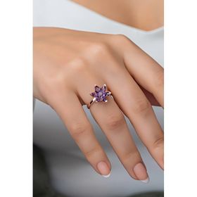 Nereze 925 Ayar Ayarlanabilir Mor Taşlı Lotus Çiçeği Gümüş Yüzük