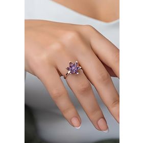 Nereze 925 Ayar Ayarlanabilir Mor Taşlı Lotus Çiçeği Gümüş Yüzük