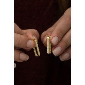 Nereze 925 Ayar Gold Dikdörtgen Küpe Kadın Gümüş Küpe