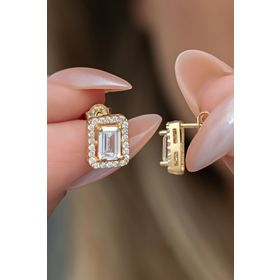 Nereze 925 Ayar Gold Kaplama Baget Taşlı Tektaş Kadın Gümüş Küpe