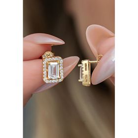 Nereze 925 Ayar Gold Kaplama Baget Taşlı Tektaş Kadın Gümüş Küpe