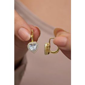 Nereze 925 Ayar Gold Kaplama J Model Tektaş Kalp Kadın Gümüş Küpe