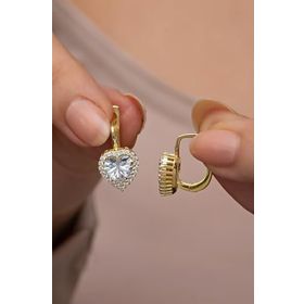 Nereze 925 Ayar Gold Kaplama J Model Tektaş Kalp Kadın Gümüş Küpe