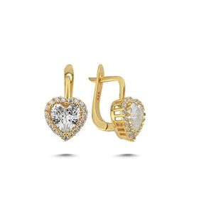 Nereze 925 Ayar Gold Kaplama J Model Tektaş Kalp Kadın Gümüş Küpe