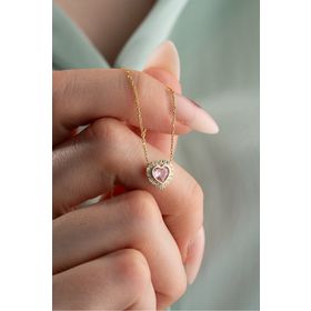 Nereze 925 Ayar Gold Kaplama Pembe Taşlı Kalp Kadın Gümüş Kolye