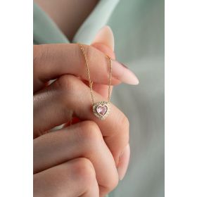 Nereze 925 Ayar Gold Kaplama Pembe Taşlı Kalp Kadın Gümüş Kolye