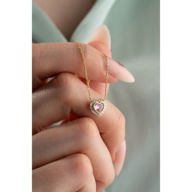 Nereze 925 Ayar Gold Kaplama Pembe Taşlı Kalp Kadın Gümüş Kolye