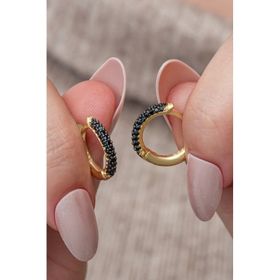 Nereze 925 Ayar Gold Kaplama Siyah Taşlı 15 mm Gümüş Halka Küpe