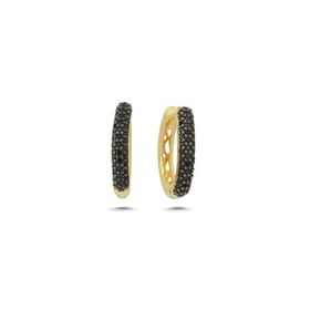 Nereze 925 Ayar Gold Kaplama Siyah Taşlı 15 mm Gümüş Halka Küpe