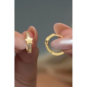 Nereze 925 Ayar Gold Kaplama Yıldız Detay 15 mm Halka Kadın Gümüş Küpe