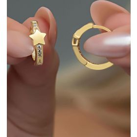 Nereze 925 Ayar Gold Kaplama Yıldız Detay 15 mm Halka Kadın Gümüş Küpe