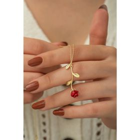 Nereze 925 Ayar Gold Kırmızı Gül Kadın Gümüş Kolye