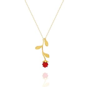 Nereze 925 Ayar Gold Kırmızı Gül Kadın Gümüş Kolye
