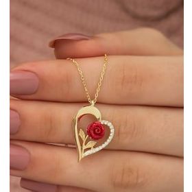 Nereze 925 Ayar Gold Kırmızı Gül Kalp Kadın Gümüş Kolye