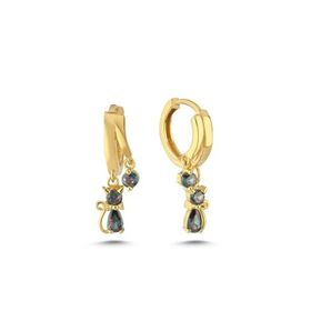 Nereze 925 Ayar Gold Mistik Topaz Taşlı 12 mm Kedi Gümüş Küpe