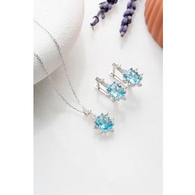 Nereze 925 Ayar Gümüş Aquamarin Baget Taşlı Küpe ve Kolye Set