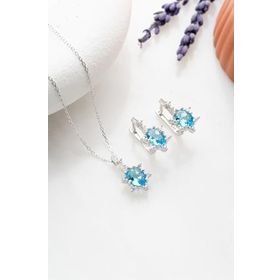 Nereze 925 Ayar Gümüş Aquamarin Oval Taşlı Küpe ve Kolye Set