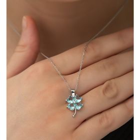 Nereze 925 Ayar Gümüş Aquamarin Taşlı Yonca Kadın Gümüş Kolye