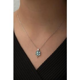 Nereze 925 Ayar Gümüş Aquamarin Taşlı Yonca Kadın Gümüş Kolye