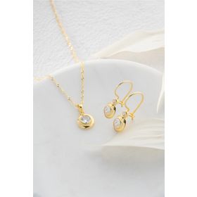 Nereze 925 Ayar Gümüş Burgu Zincirli Gold Tektaş Model Küpe ve Kolye Set
