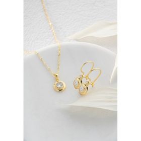 Nereze 925 Ayar Gümüş Burgu Zincirli Gold Tektaş Model Küpe ve Kolye Set