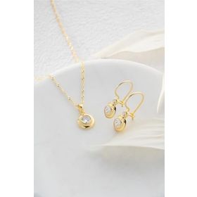 Nereze 925 Ayar Gümüş Burgu Zincirli Gold Tektaş Model Küpe ve Kolye Set