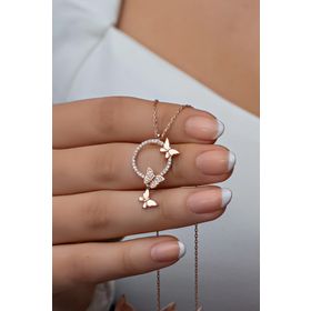 Nereze 925 Ayar Gümüş Daire Tasarım Uçuşan Sevgi Kelebekleri Kolye